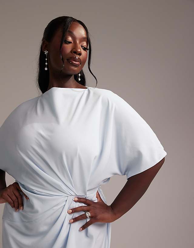 ASOS DESIGN Curve Bridesmaids Slash Neck Crepe T-shirt Sleeve Minimal Drape Maxi Dress In Light Blue