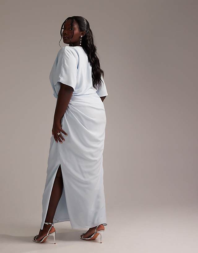 ASOS DESIGN Curve Bridesmaids Slash Neck Crepe T-shirt Sleeve Minimal Drape Maxi Dress In Light Blue