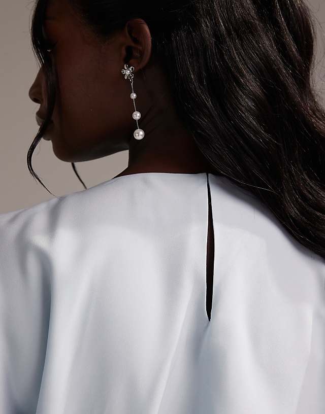 ASOS DESIGN Curve Bridesmaids Slash Neck Crepe T-shirt Sleeve Minimal Drape Maxi Dress In Light Blue