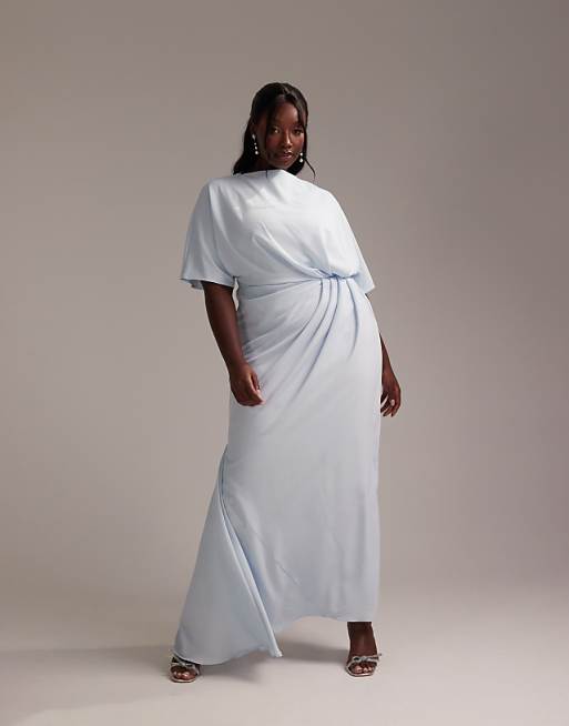 ASOS DESIGN Curve Bridesmaids slash neck crepe t-shirt sleeve minimal drape maxi dress in light blue