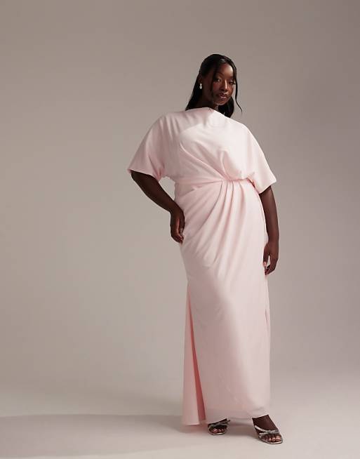 ASOS DESIGN Curve Bridesmaids slash neck crepe t-shirt sleeve minimal drape maxi dress in soft pink