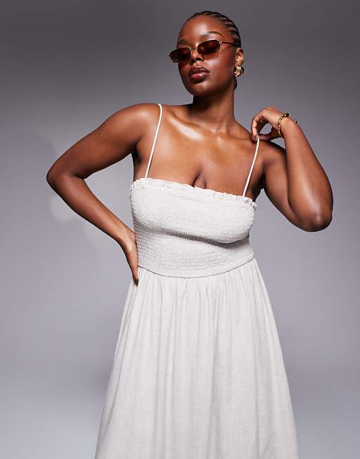 ASOS DESIGN Curve Isabel Linen Blend Shirred Bandeau Beach Dress In Natural