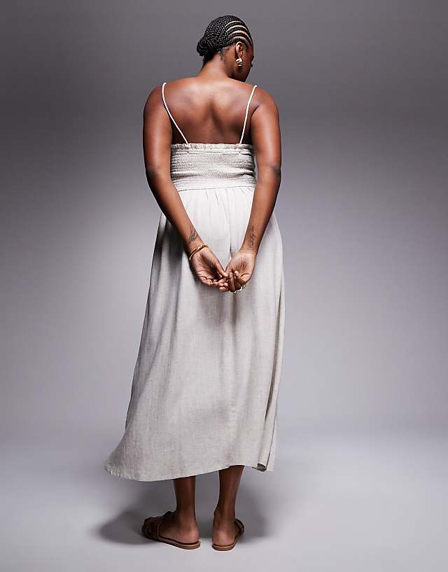 ASOS DESIGN Curve Isabel Linen Blend Shirred Bandeau Beach Dress In Natural