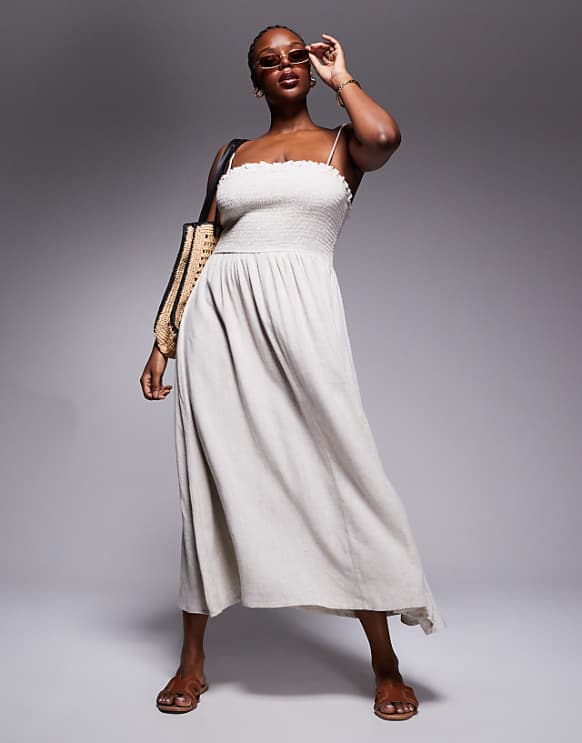 ASOS DESIGN Curve Isabel linen blend shirred bandeau beach dress in natural