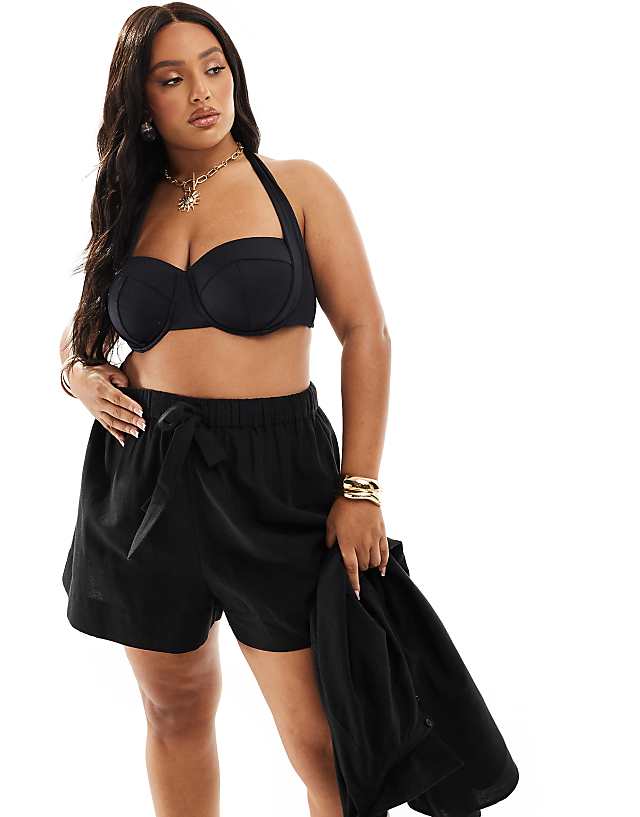 ASOS DESIGN Curve Isabel Mix & Match Linen Look Beach Set In Black