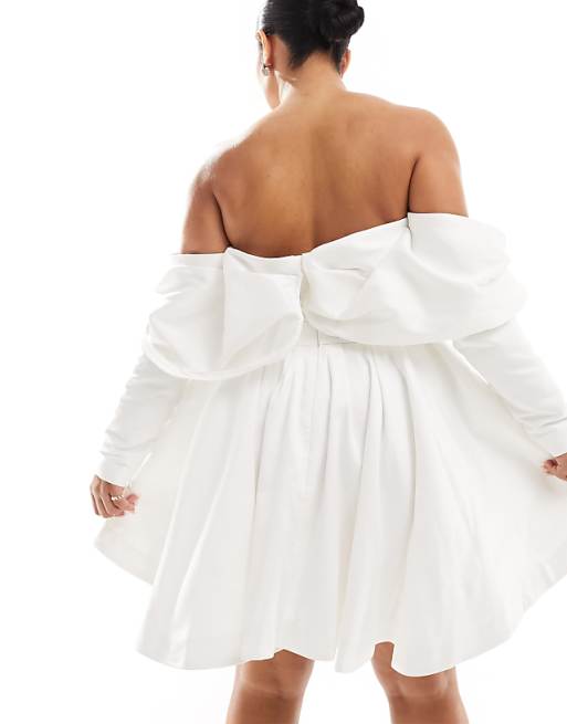 ASOS DESIGN Curve Lila Satin Structured Off Shoulder Mini Wedding Dress With Full Skirt In