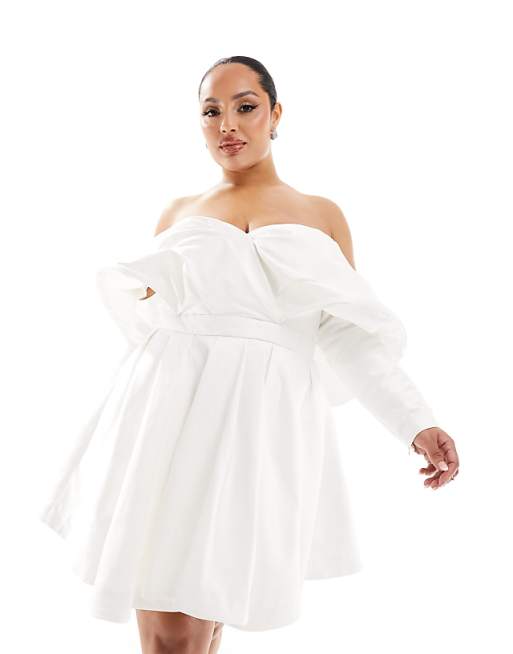 ASOS DESIGN Curve Lila Satin Structured Off Shoulder Mini Wedding Dress With Full Skirt In