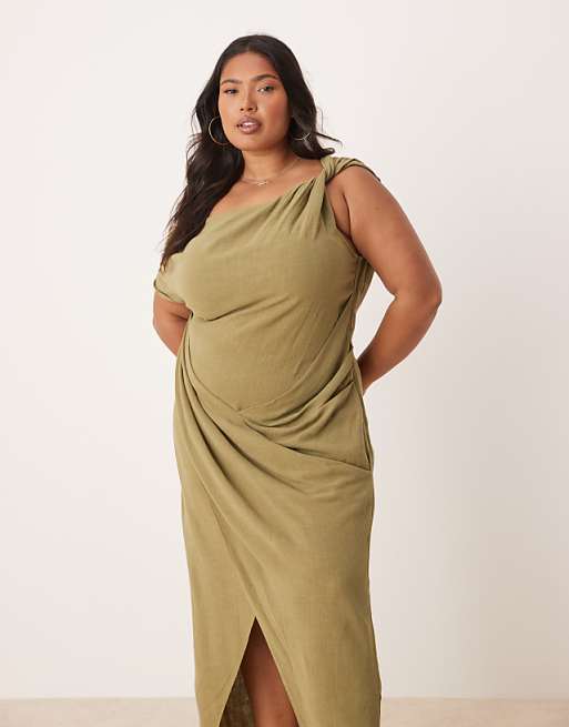 ASOS DESIGN Curve Linen Fallen Twist Shoulder Wrap Skirt Detail Midi Dress In Khaki