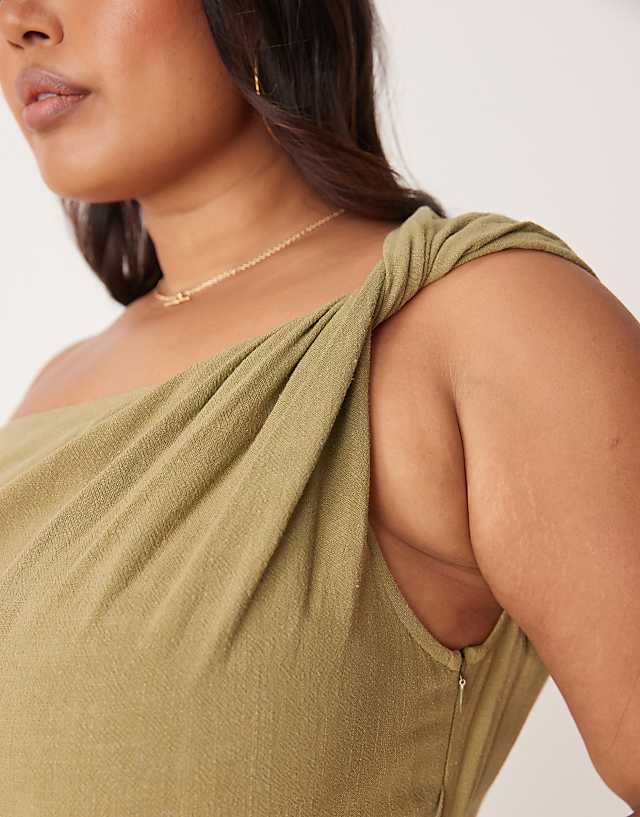 ASOS DESIGN Curve Linen Fallen Twist Shoulder Wrap Skirt Detail Midi Dress In Khaki