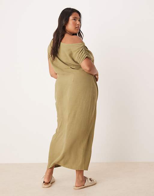 ASOS DESIGN Curve Linen Fallen Twist Shoulder Wrap Skirt Detail Midi Dress In Khaki