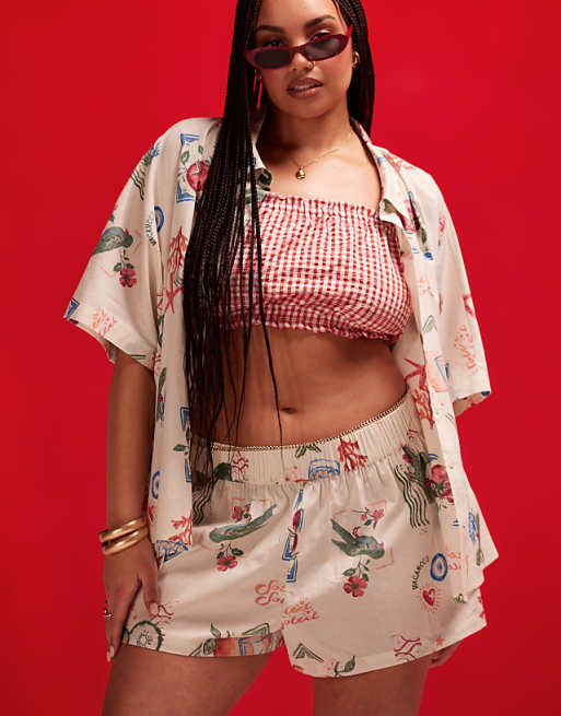 ASOS DESIGN Curve Linen Look Co-ord Beach Short In Postcard Print