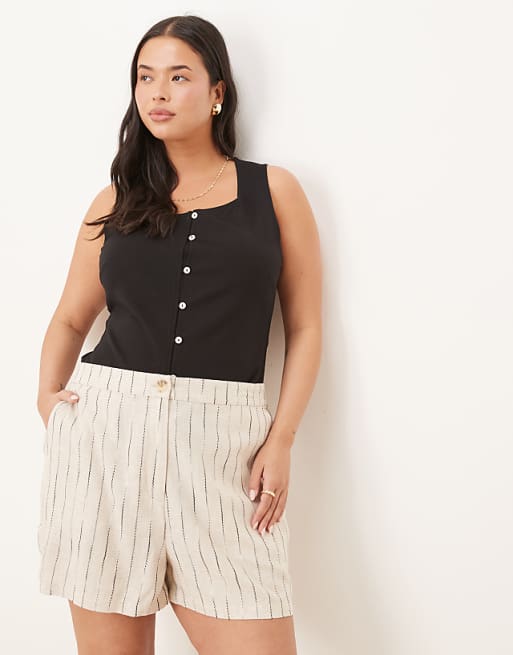 ASOS DESIGN Curve linen relaxed dad shorts in natural squiggle stripe