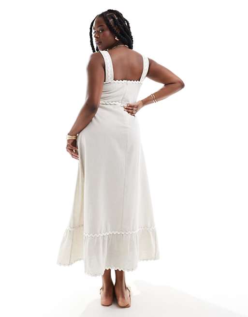 ASOS DESIGN Curve Midi Linen Sundress With Contrast Rik Rak Trim In Oatmeal