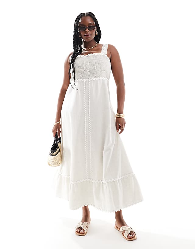 ASOS DESIGN Curve midi linen sundress with contrast rik rak trim in oatmeal