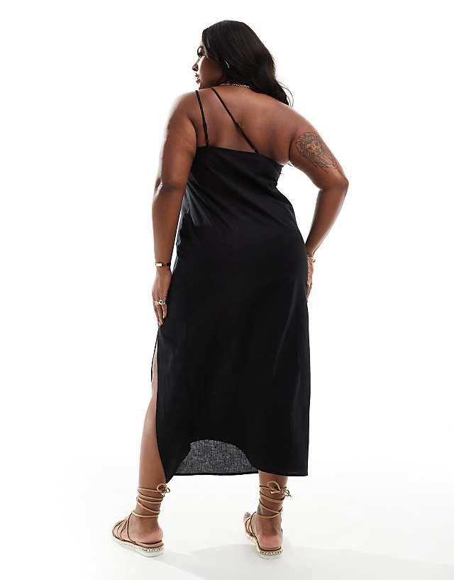 ASOS DESIGN Curve One Shoulder Split Strap Linen Midi Sundress In Black