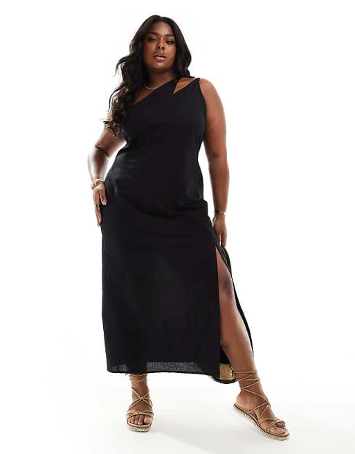 ASOS DESIGN Curve One Shoulder Split Strap Linen Midi Sundress In Black
