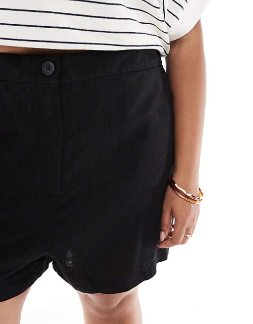 ASOS DESIGN Curve Relaxed Dad Shorts With Linen In Black