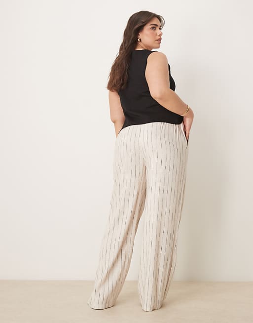 ASOS DESIGN Curve Relaxed Straight Leg Trousers With Linen In Natural Squiggle Stripe
