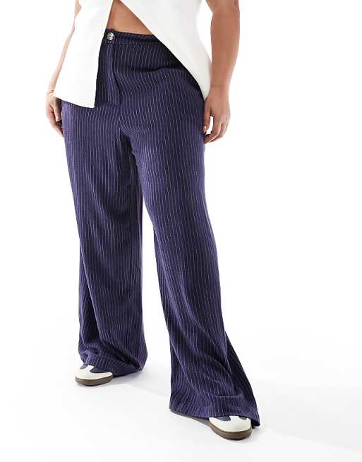 ASOS DESIGN Curve Relaxed Straight Leg Trousers With Linen In Navy Stripe