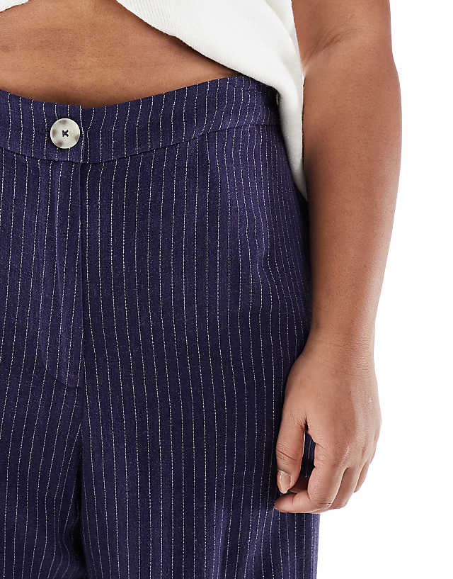 ASOS DESIGN Curve Relaxed Straight Leg Trousers With Linen In Navy Stripe