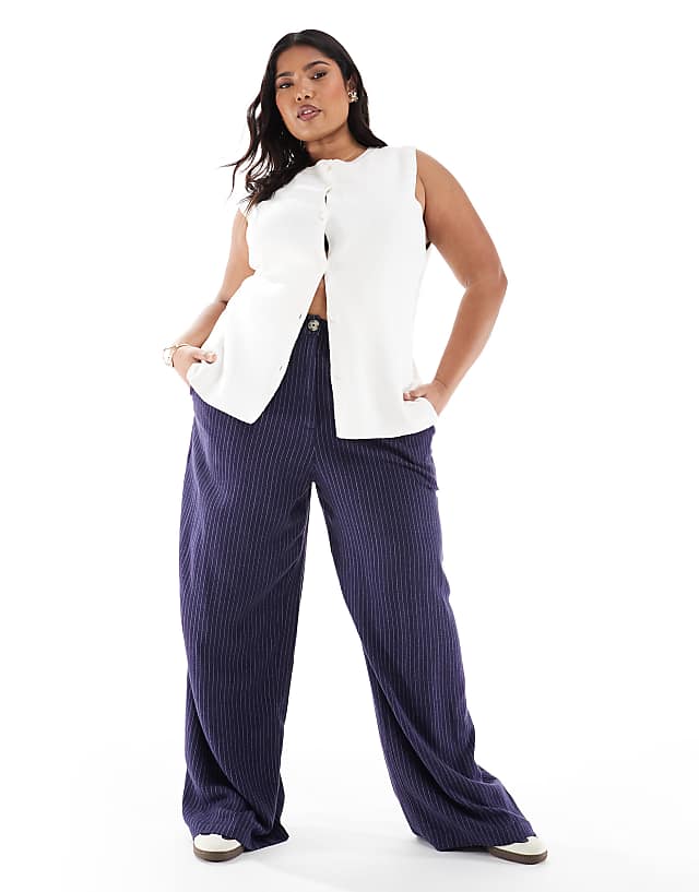 ASOS DESIGN Curve relaxed straight leg trousers with linen in navy stripe