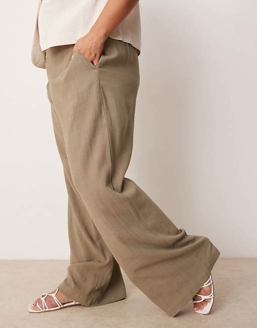 ASOS DESIGN Curve Relaxed Straight Leg Trousers With Linen In Khaki