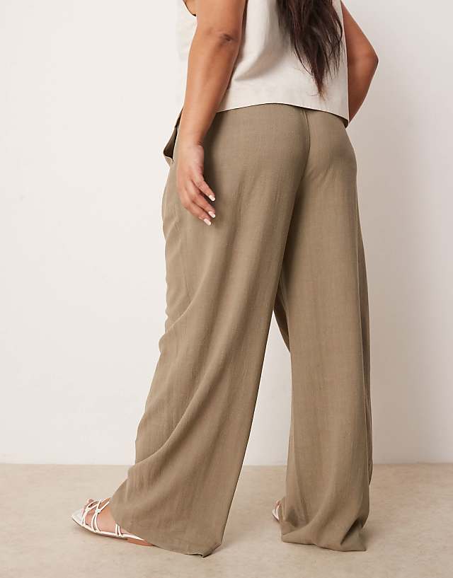 ASOS DESIGN Curve Relaxed Straight Leg Trousers With Linen In Khaki