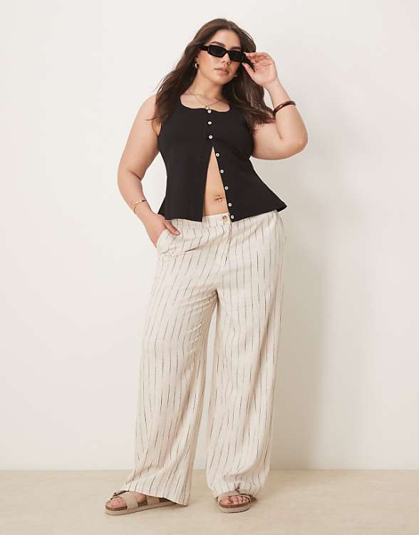 ASOS DESIGN Curve relaxed straight leg trousers with linen in natural squiggle stripe