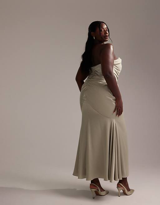 ASOS DESIGN Curve Satin Bandeau Bridesmaid Maxi Dress In Light Green