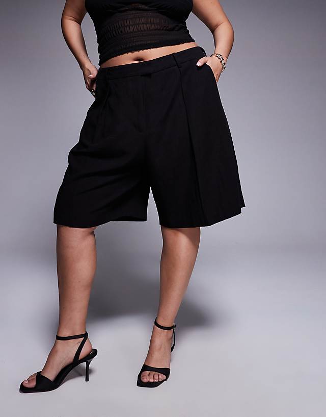 ASOS DESIGN Curve Tailored Linen Look Longline City Shorts In Black