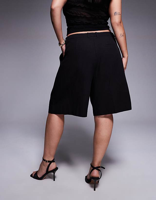 ASOS DESIGN Curve Tailored Linen Look Longline City Shorts In Black