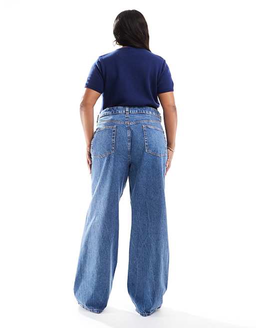 ASOS DESIGN Curve Wide Leg Dad Jeans In Mid Blue
