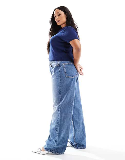 ASOS DESIGN Curve Wide Leg Dad Jeans In Mid Blue