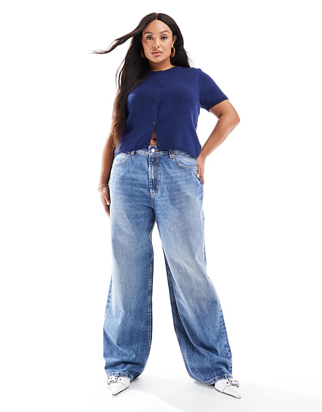 ASOS DESIGN Curve wide leg dad jeans in mid blue