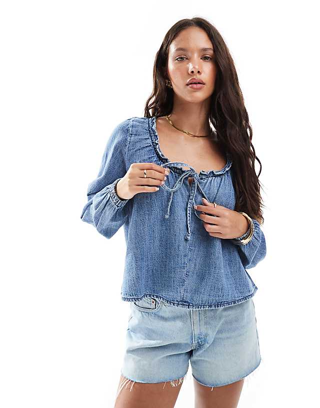 ASOS DESIGN Denim Balloon Sleeve Blouse With Linen In Midwash Blue