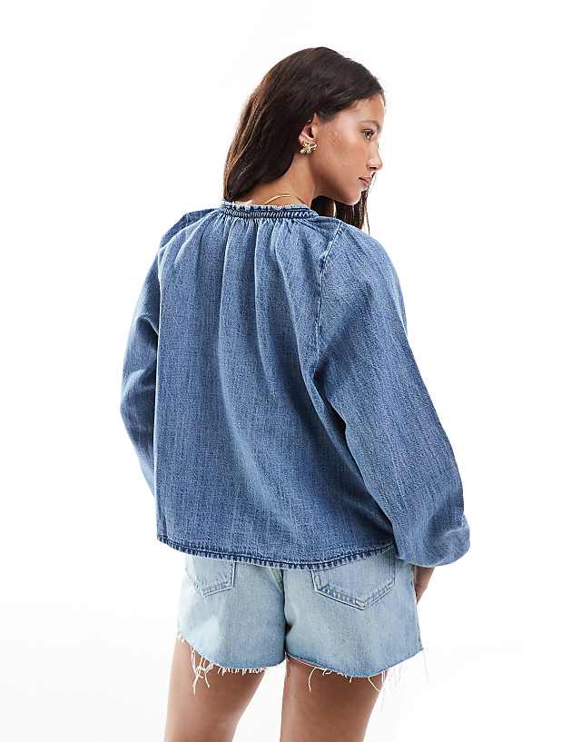 ASOS DESIGN Denim Balloon Sleeve Blouse With Linen In Midwash Blue