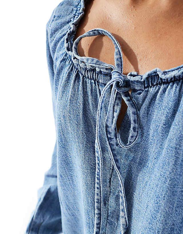 ASOS DESIGN Denim Balloon Sleeve Blouse With Linen In Midwash Blue