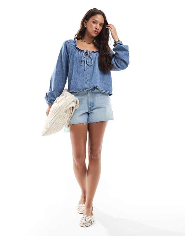 ASOS DESIGN denim balloon sleeve blouse with linen in midwash blue