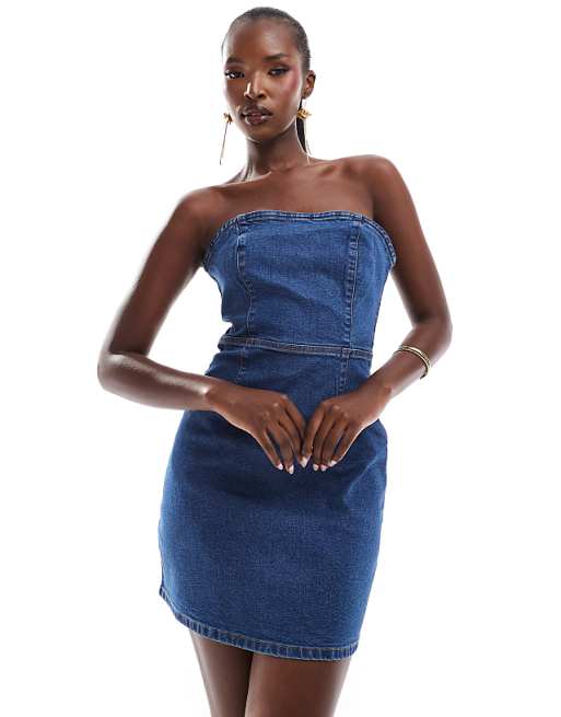 ASOS DESIGN denim bandeau bodycon mini dress in mid blue