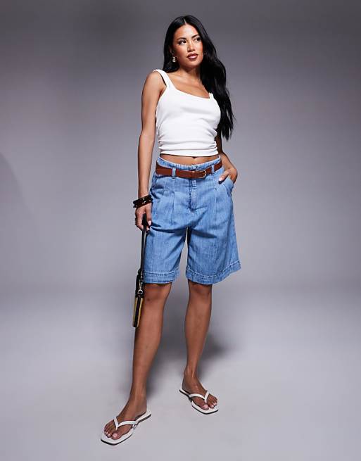 ASOS DESIGN Denim Bermuda Short With Belt With Linen In Midwash Blue