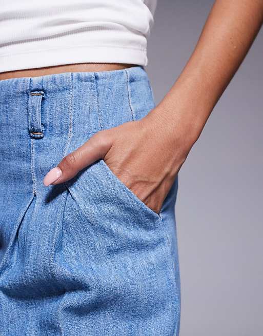 ASOS DESIGN Denim Bermuda Short With Belt With Linen In Midwash Blue