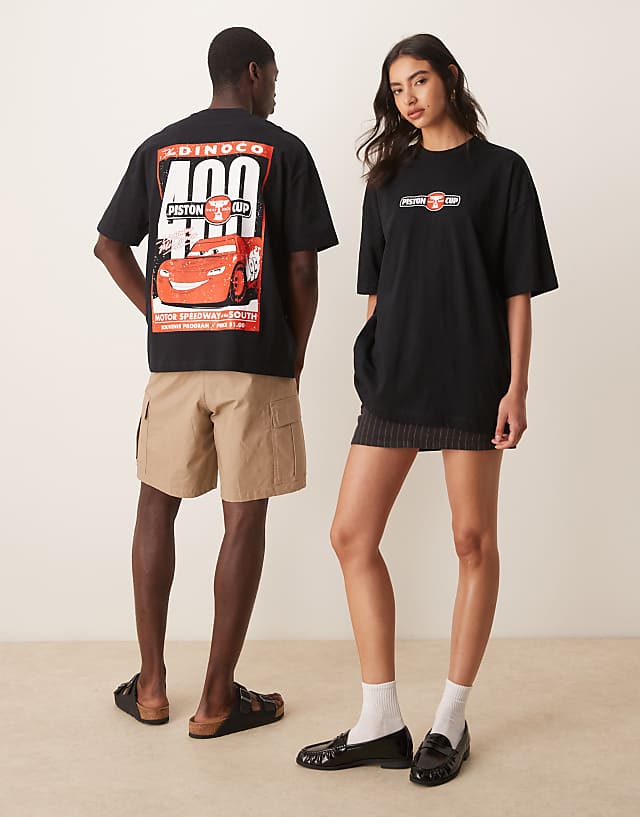 ASOS DESIGN Disney Pixar Unisex Oversized T-shirt With Cars Lightning McQueen Prints In Black