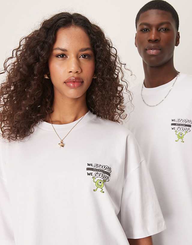 ASOS DESIGN Disney Pixar Unisex Oversized T-shirt With Monsters Inc Prints In White