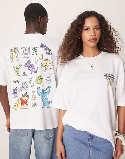 ASOS DESIGN Disney Pixar Unisex Oversized T-shirt With Monsters Inc Prints In White