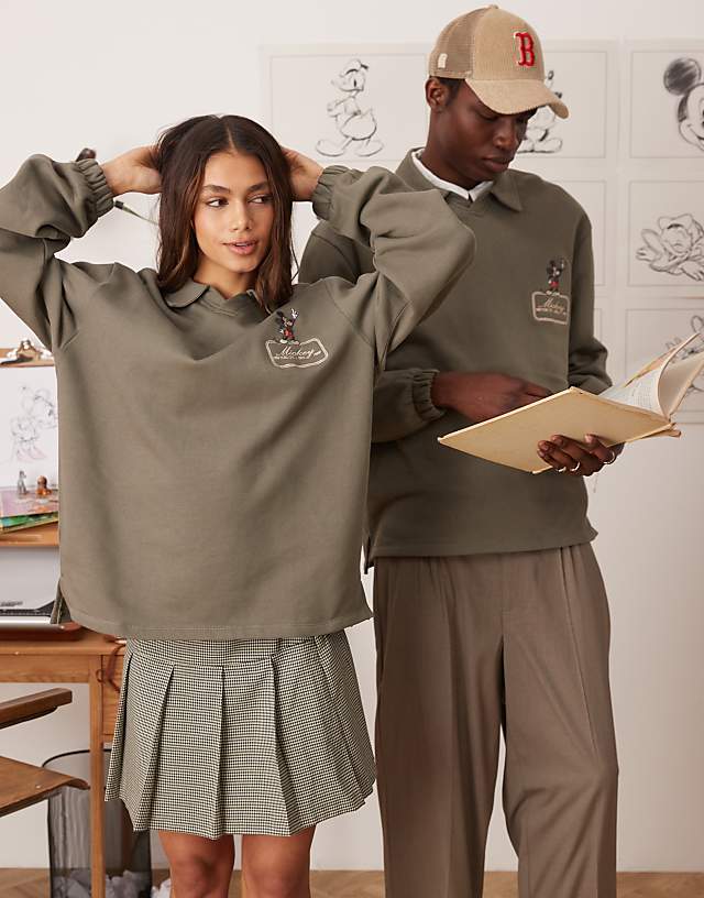 ASOS DESIGN Disney Unisex Oversized Polo Sweatshirt With Mickey Mouse Prints In Khaki