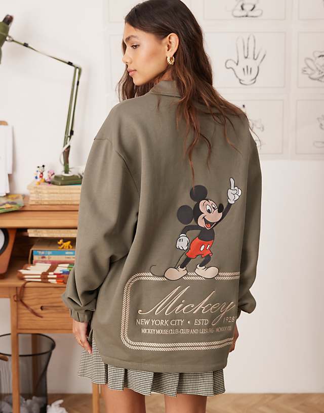 ASOS DESIGN Disney Unisex Oversized Polo Sweatshirt With Mickey Mouse Prints In Khaki