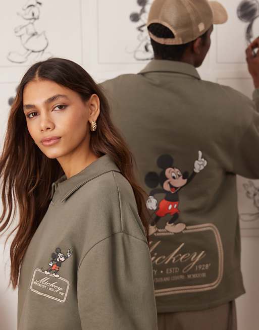 ASOS DESIGN Disney Unisex Oversized Polo Sweatshirt With Mickey Mouse Prints In Khaki