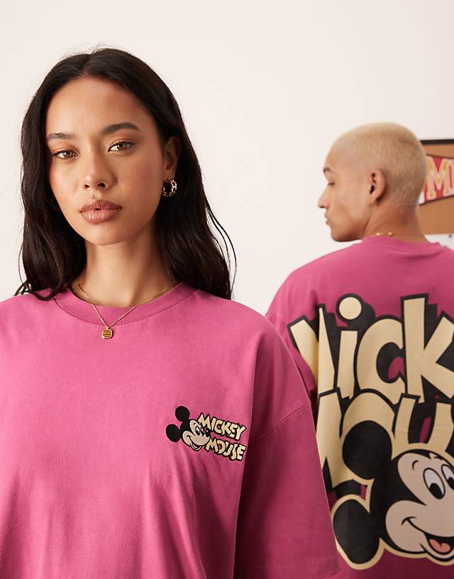 ASOS DESIGN Disney Unisex Oversized T-shirt With Mickey Mouse Prints In Washed Pink