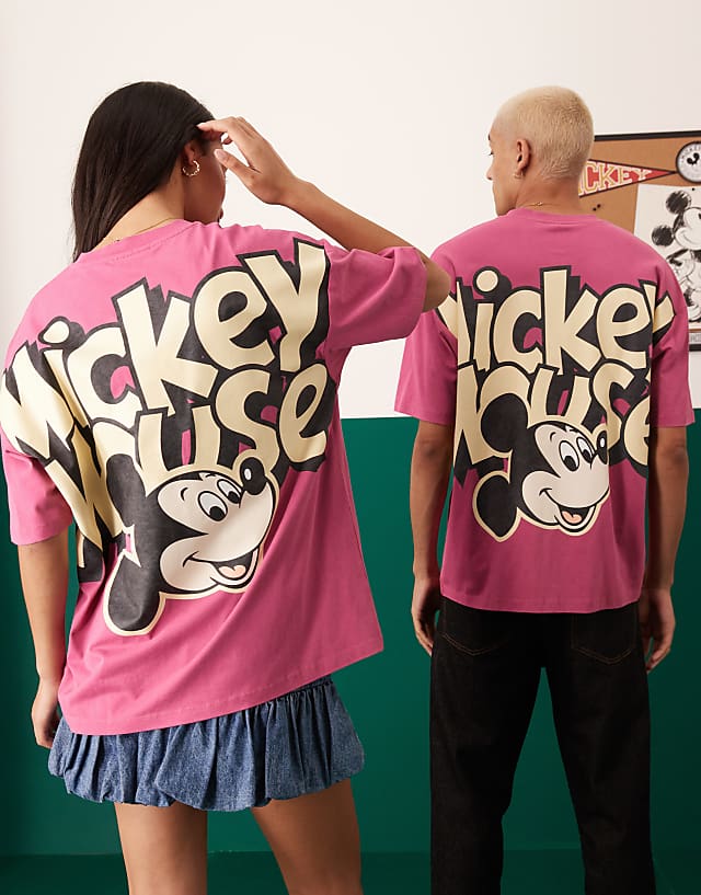 ASOS DESIGN Disney Unisex Oversized T-shirt With Mickey Mouse Prints In Washed Pink