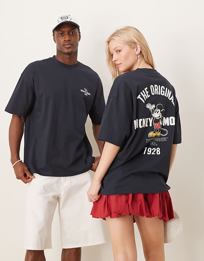 ASOS DESIGN Disney Unisex Oversized T-shirt With Mickey Mouse Print And Embroidery In Navy